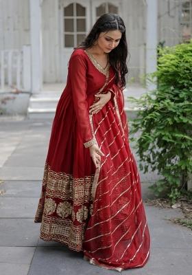 Maroon Embroidered Faux Blooming Anarkali With Dupatta