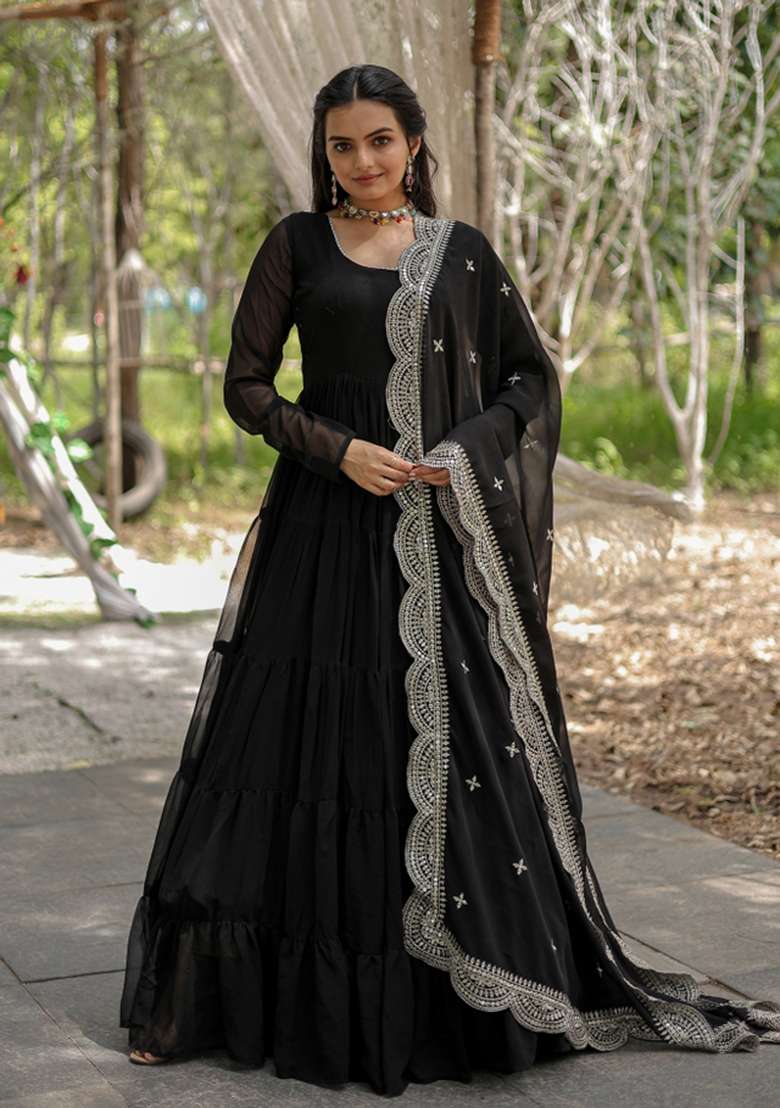 Black Georgette Anarkali With Dupatta - Indya