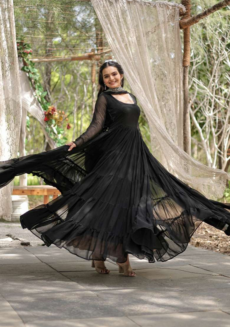 Black Georgette Anarkali With Dupatta - Indya