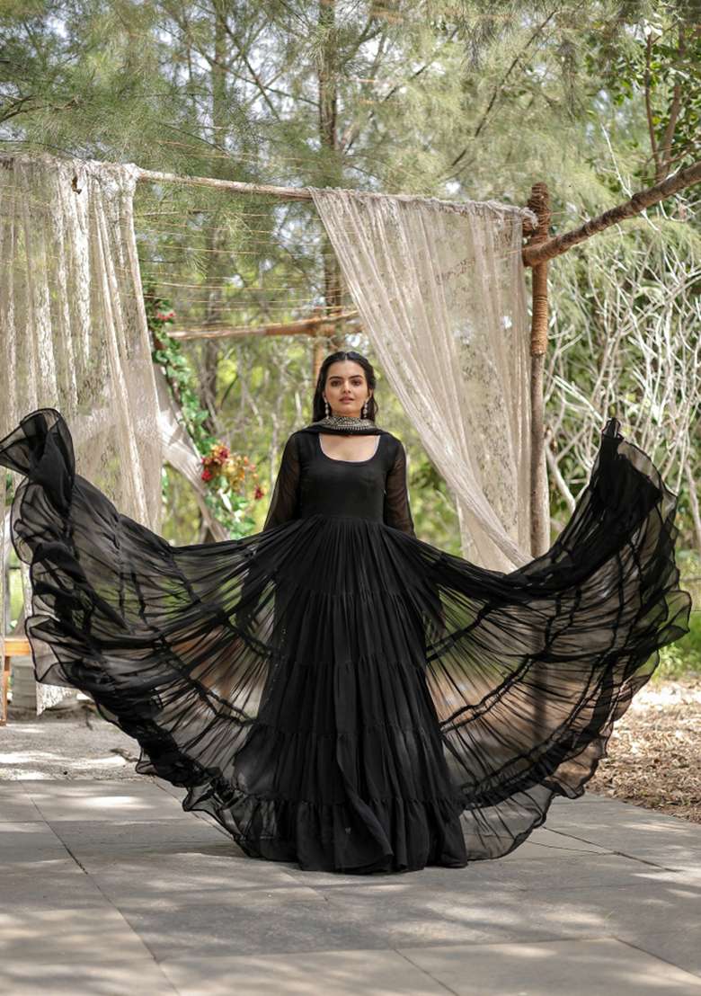 Black Georgette Anarkali With Dupatta - Indya