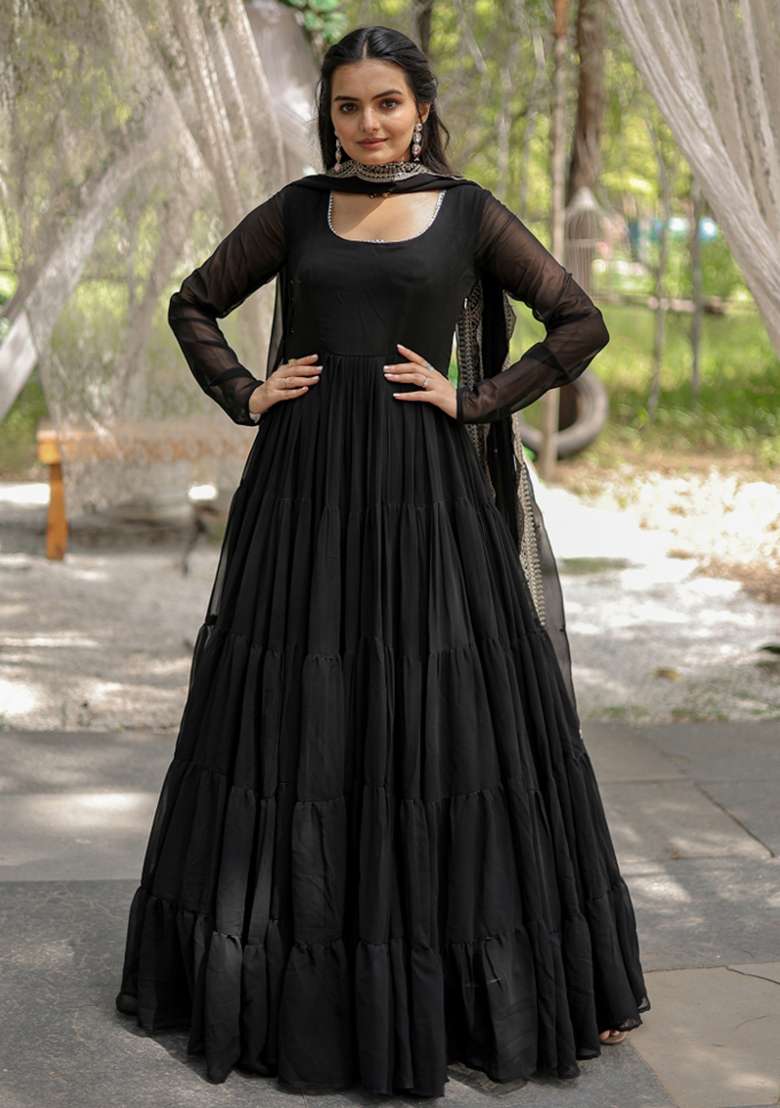 Black Georgette Anarkali With Dupatta - Indya