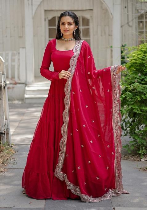 Pink Georgette Anarkali With Dupatta