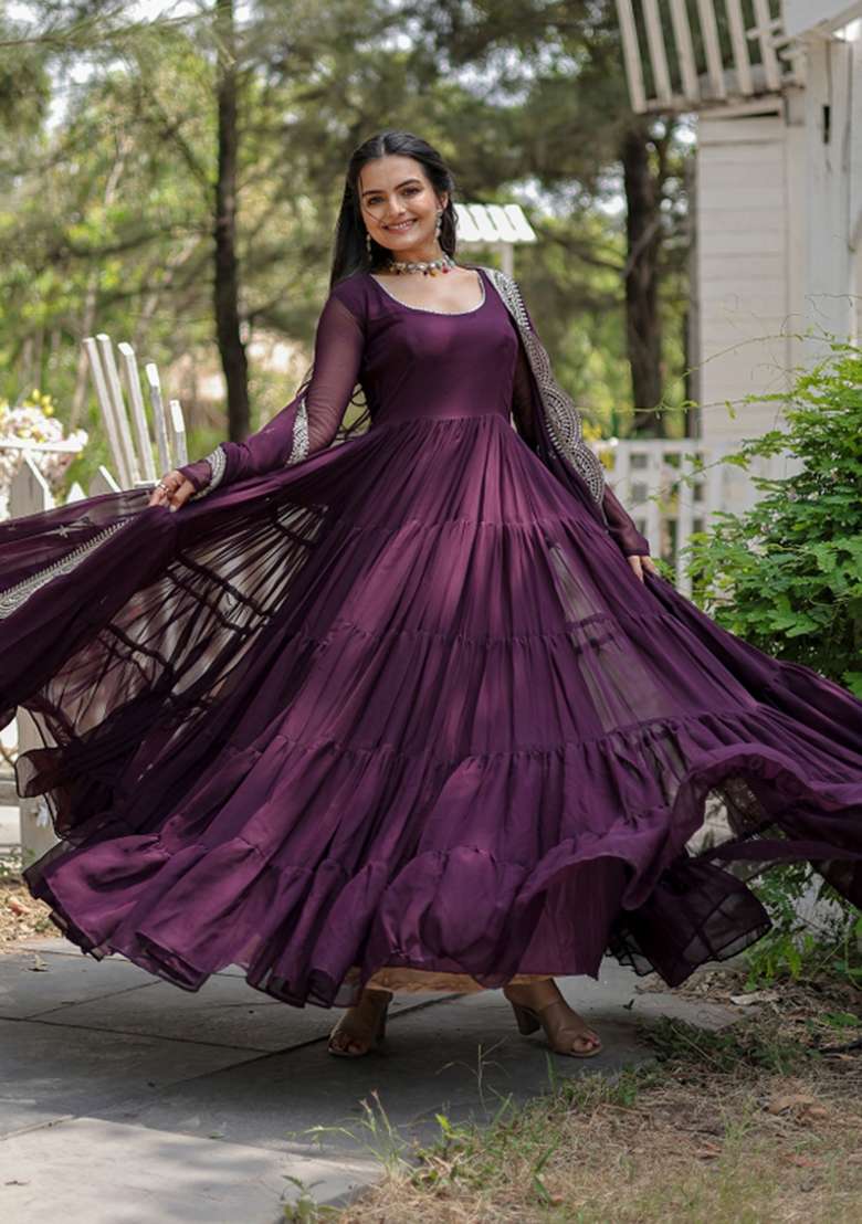 Wine Georgette Anarkali With Dupatta - Indya
