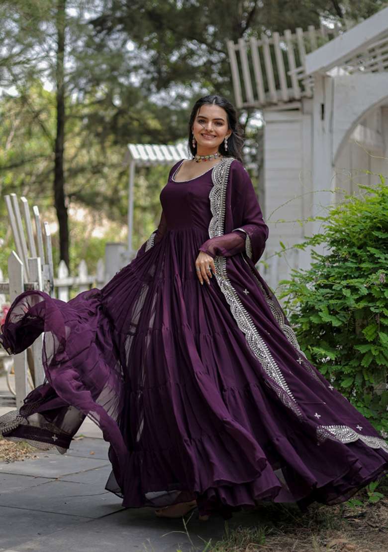 Wine Georgette Anarkali With Dupatta - Indya