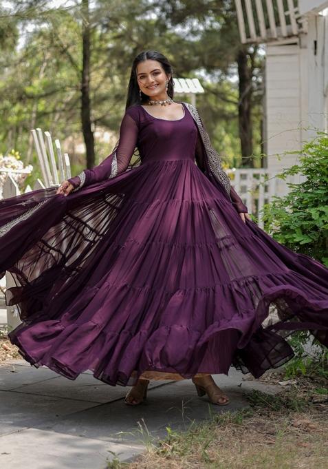 Wine Georgette Anarkali With Dupatta