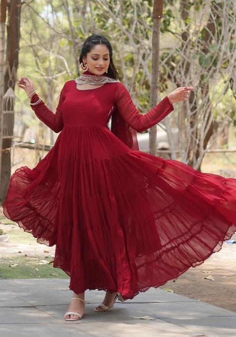 Maroon Georgette Anarkali With Dupatta
