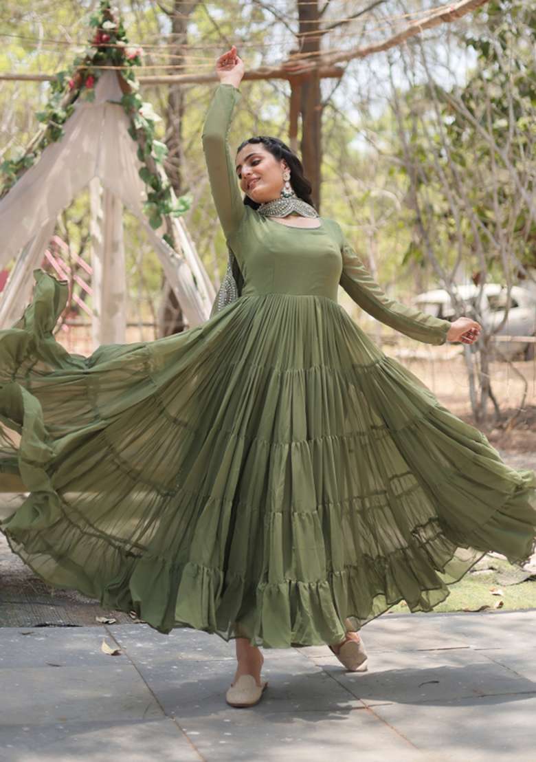 Mehendi Georgette Anarkali With Dupatta - Indya