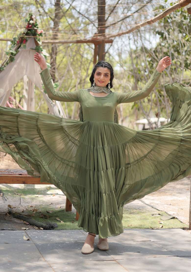 Mehendi Georgette Anarkali With Dupatta - Indya