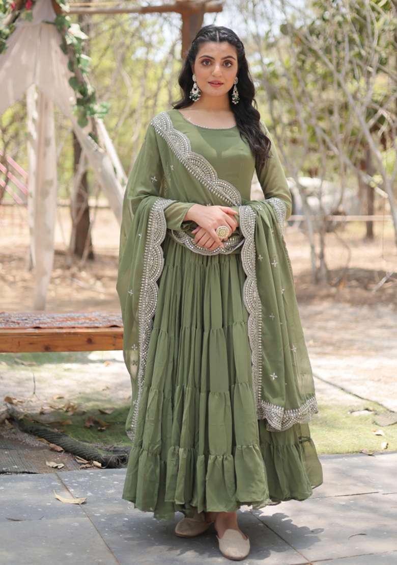 Mehendi Georgette Anarkali With Dupatta - Indya