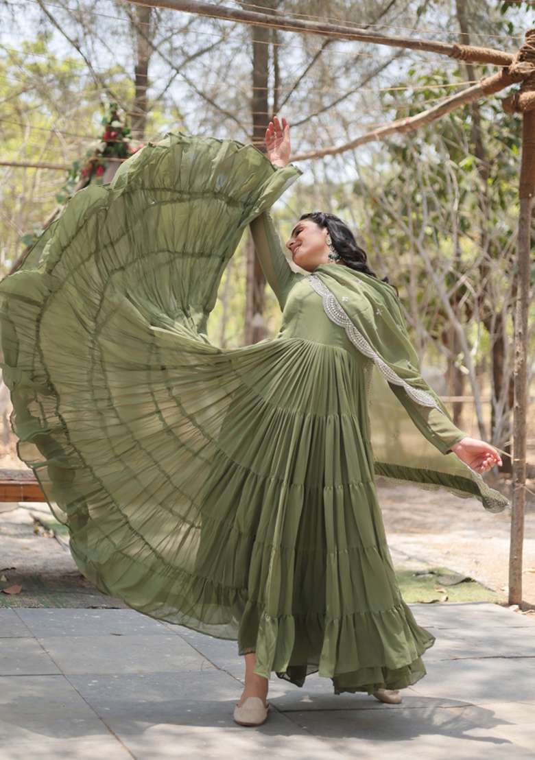 Mehendi Georgette Anarkali With Dupatta - Indya