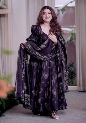 Dark Purple Embroidered Cotton Kurta Set
