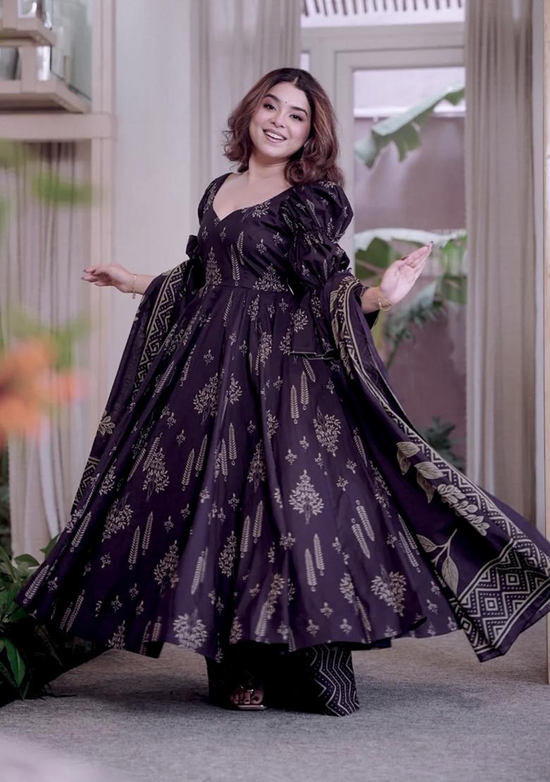 Dark Purple Embroidered Cotton Kurta Set - Indya