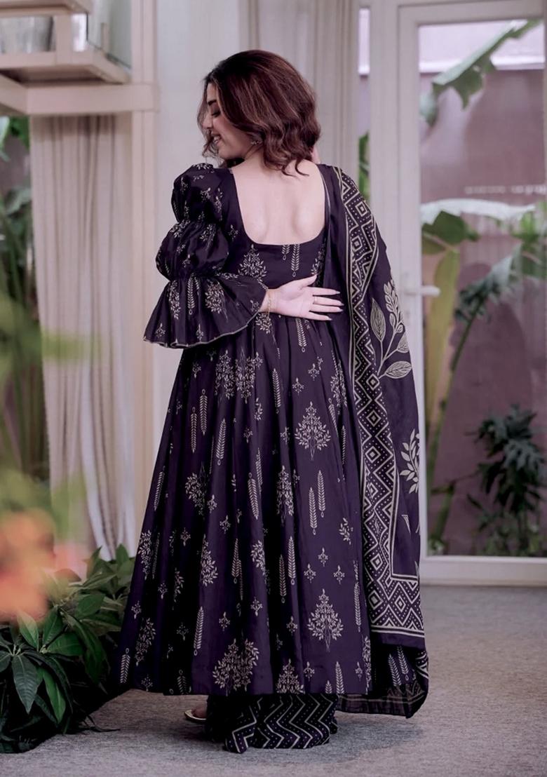 Dark Purple Embroidered Cotton Kurta Set - Indya