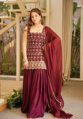 Red Embroidered Georgette Kurta Set