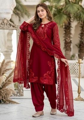 Red Embroidered Roman Glass Kurta Set