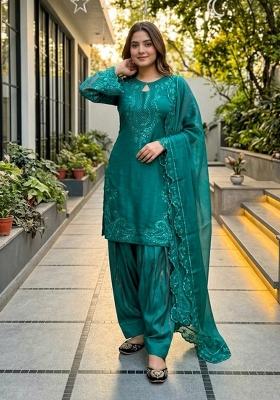 Sky Blue Embroidered Roman Glass Kurta Set