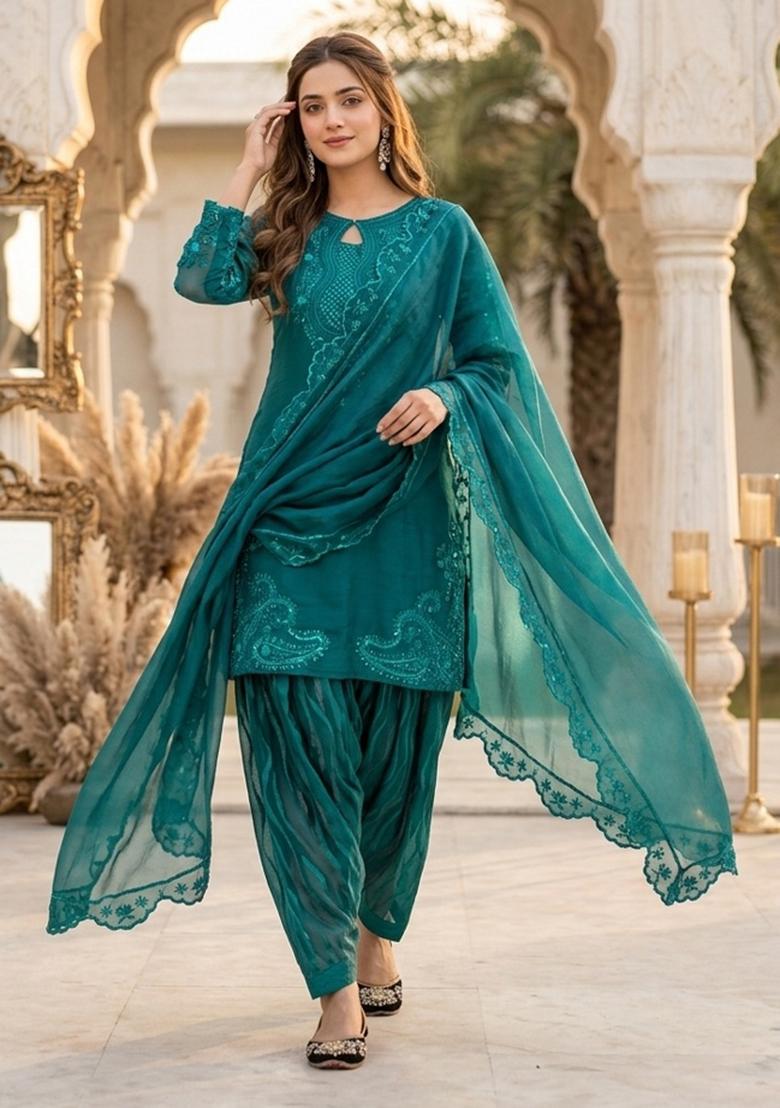 Sky Blue Embroidered Roman Glass Kurta Set - Indya