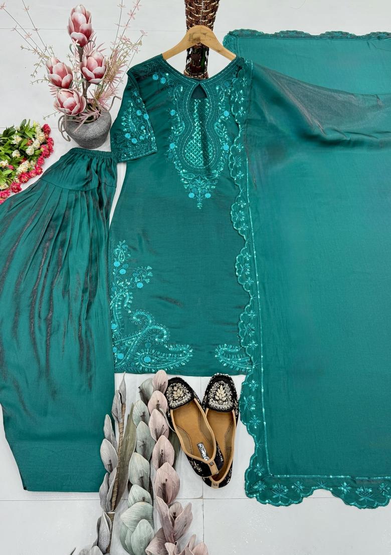 Sky Blue Embroidered Roman Glass Kurta Set - Indya