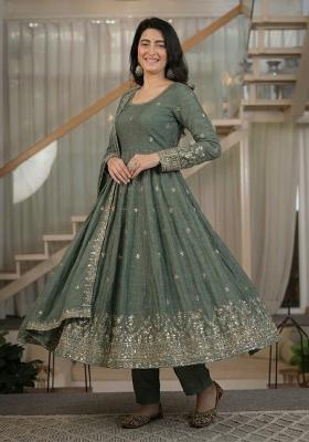 Dark Grey Embroidered Silk Kurta Set