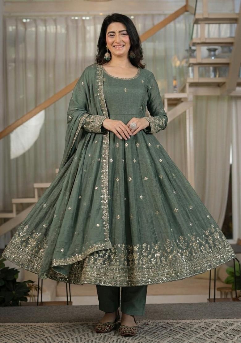 Dark Grey Embroidered Silk Kurta Set - Indya