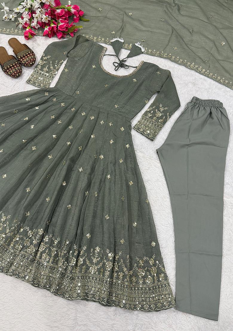 Dark Grey Embroidered Silk Kurta Set - Indya