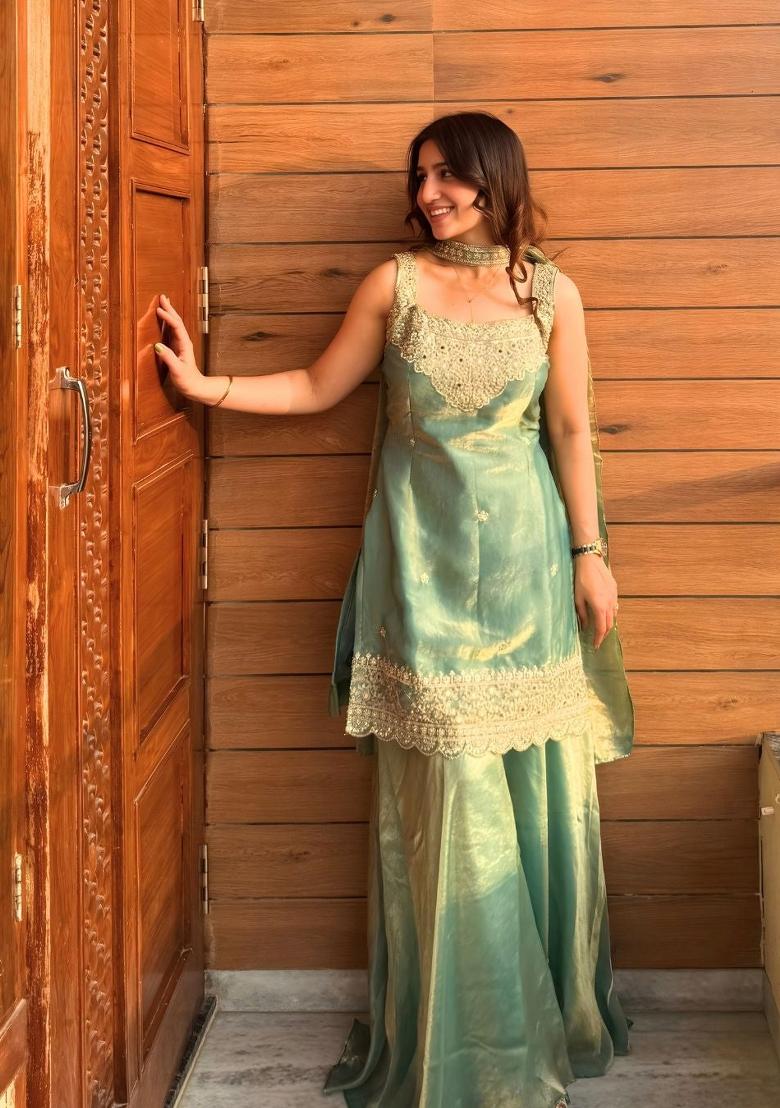Lite Green Embroidered Silk Kurta Set - Indya