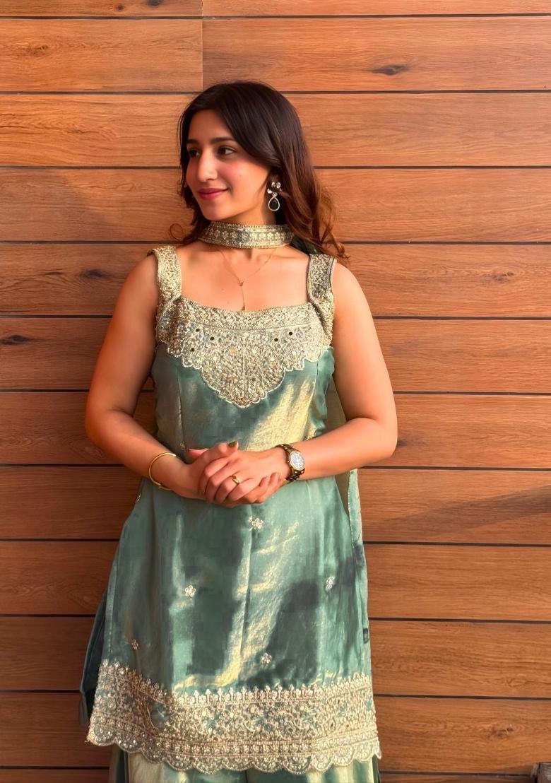 Lite Green Embroidered Silk Kurta Set - Indya
