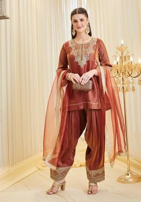 Dark Orange Embroidered Silk Kurta Set