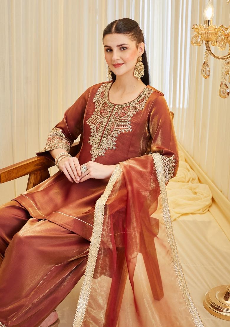 Dark Orange Embroidered Silk Kurta Set - Indya