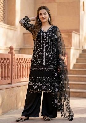 Black Embroidered Net Kurta Set