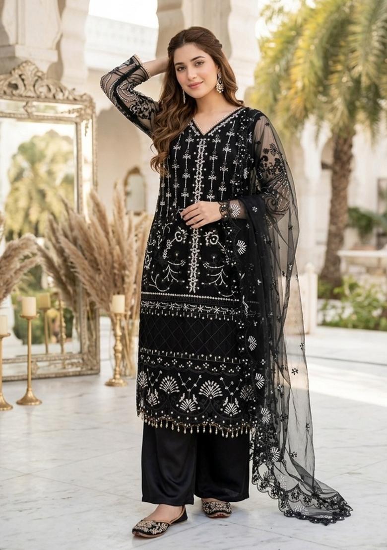 Black Embroidered Net Kurta Set - Indya