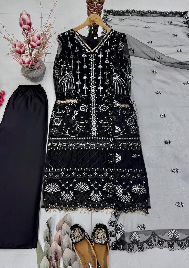 Black Embroidered Net Kurta Set - Indya