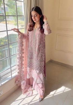 Peach Embroidered Net Kurta Set