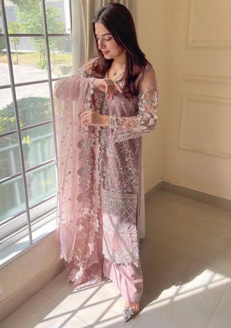 Peach Embroidered Net Kurta Set - Indya