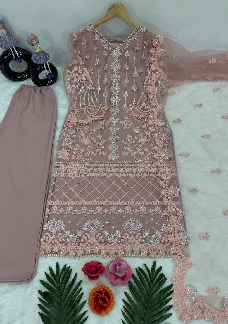 Peach Embroidered Net Kurta Set - Indya