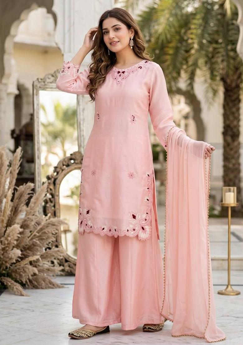 Lite Pink Embroidered Roman Glass Kurta Set - Indya