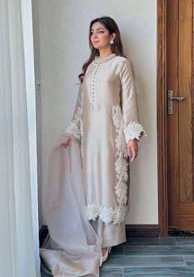 Cream Embroidered Silk Kurta Set