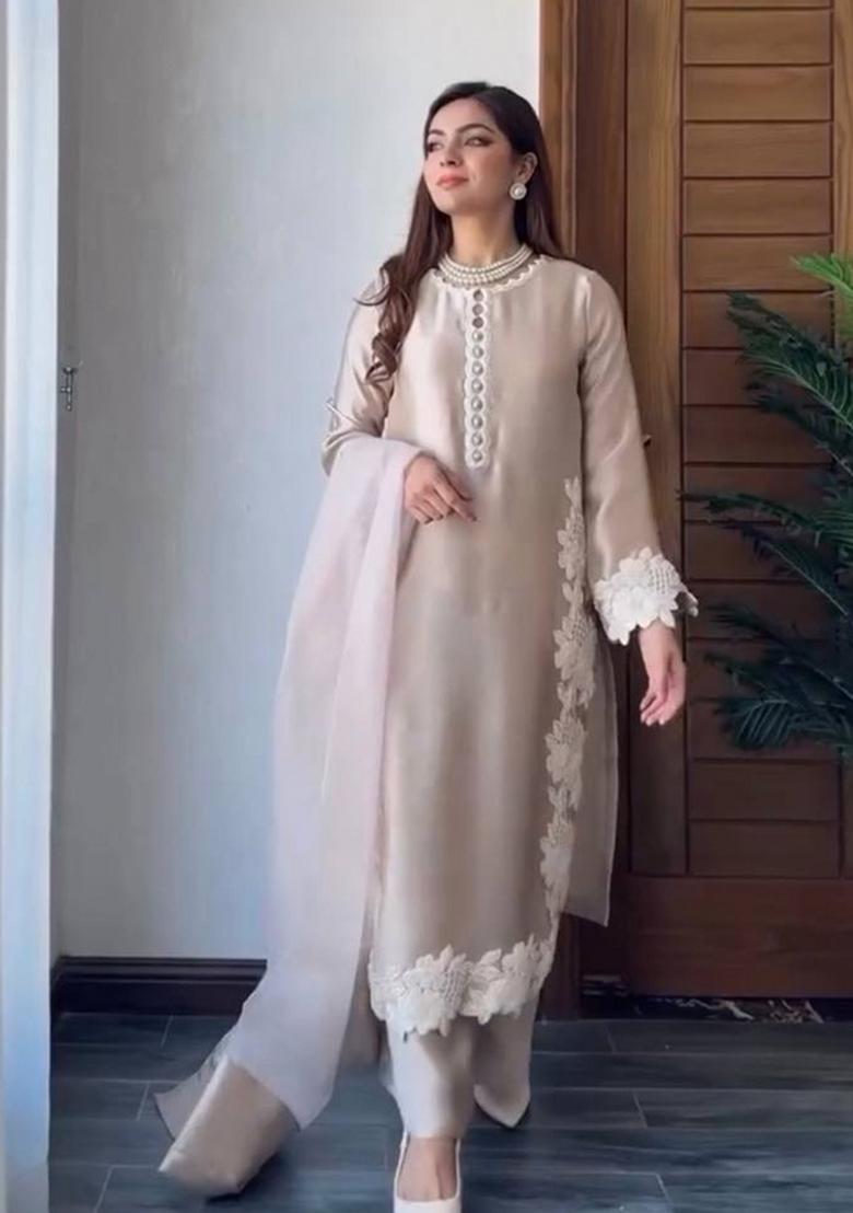 Cream Embroidered Silk Kurta Set - Indya
