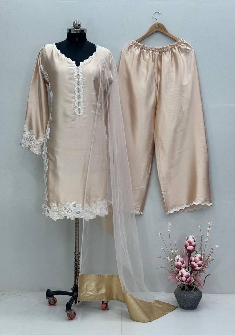 Cream Embroidered Silk Kurta Set - Indya