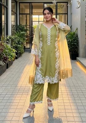 Mehendi Embroidered Silk Kurta Set