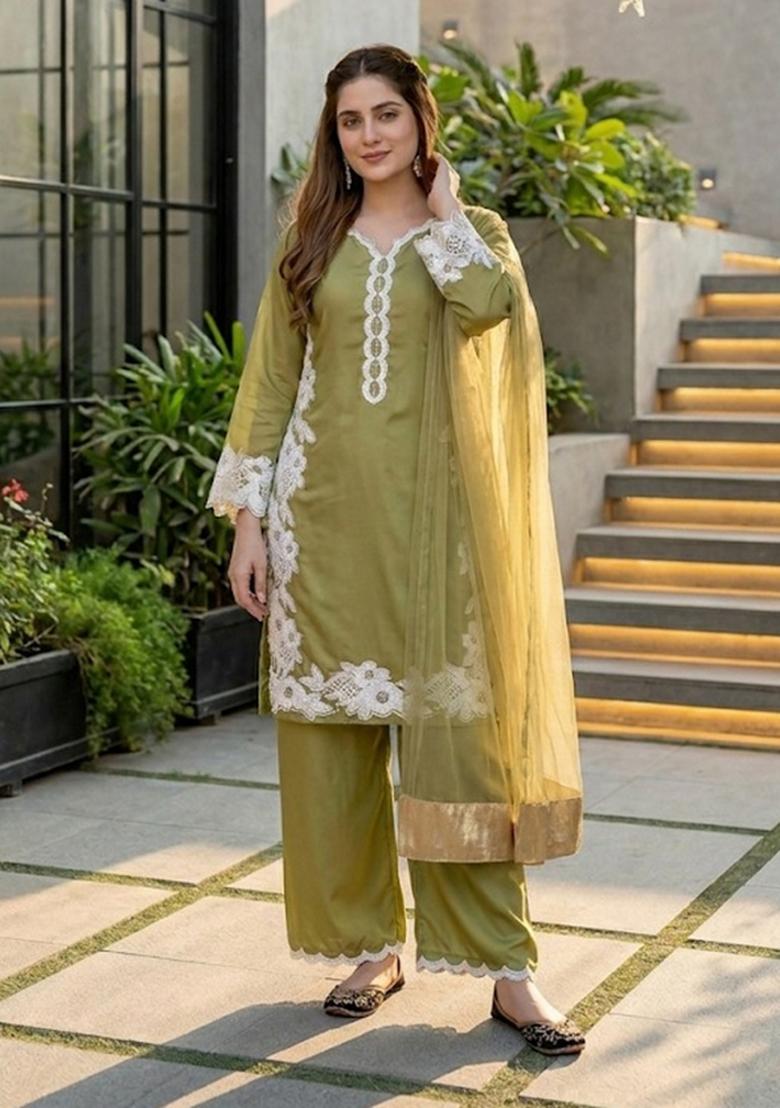Mehendi Embroidered Silk Kurta Set - Indya