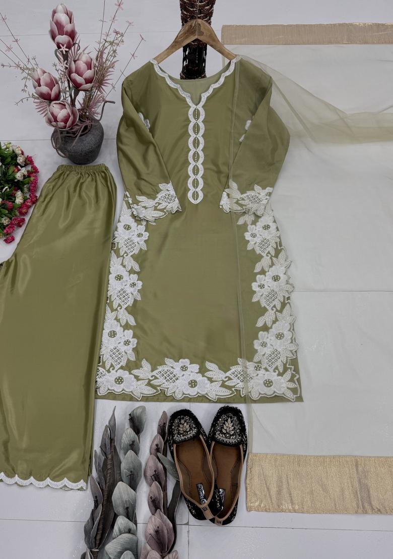 Mehendi Embroidered Silk Kurta Set - Indya