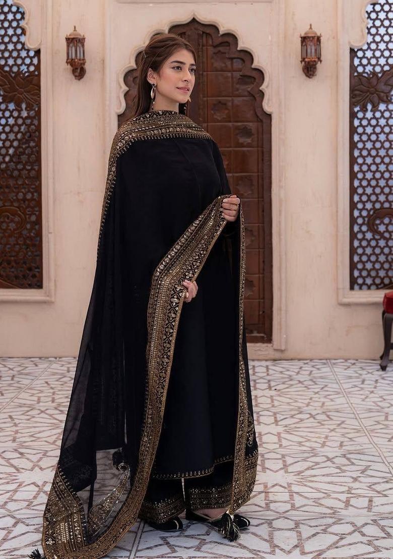 Black Embroidered Silk Kurta Set - Indya