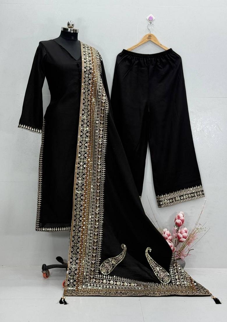Black Embroidered Silk Kurta Set - Indya