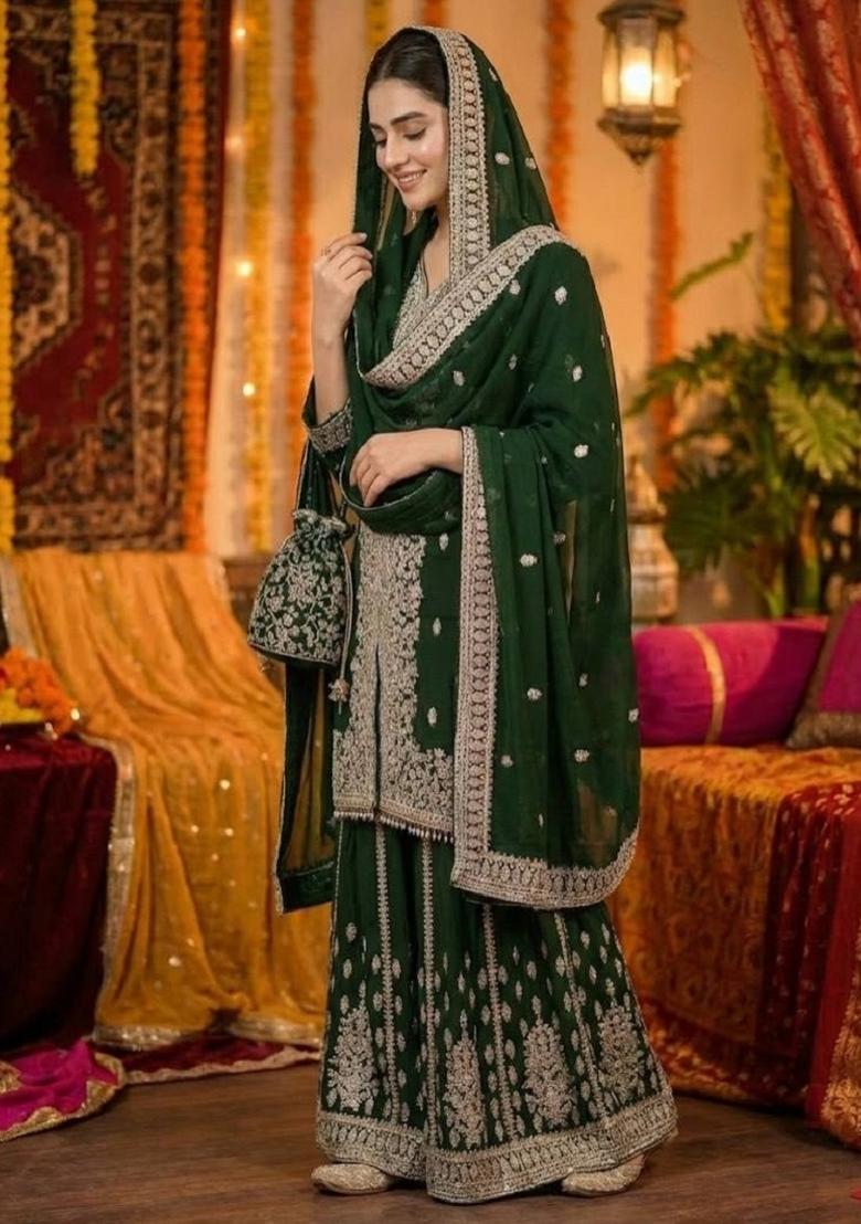 Green Embroidered Georgette Kurta Set - Indya