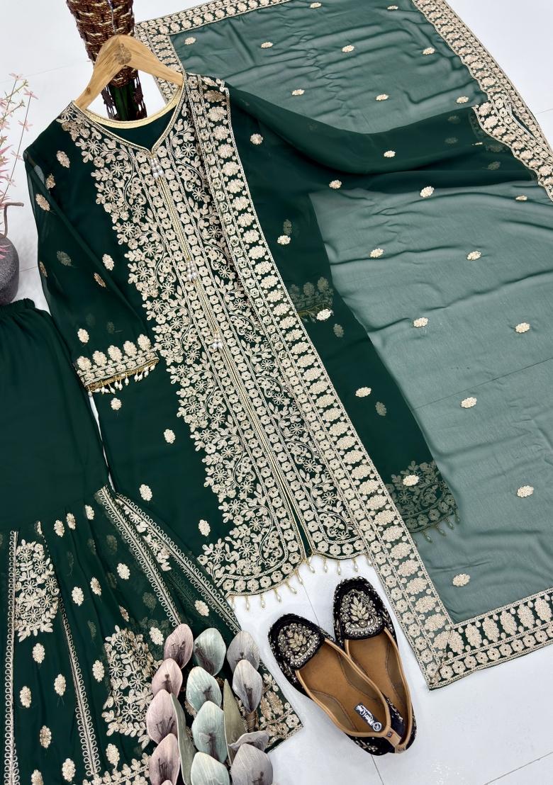 Green Embroidered Georgette Kurta Set - Indya