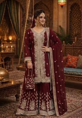 Maroon Embroidered Georgette Kurta Set