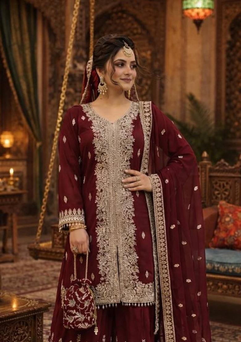 Maroon Embroidered Georgette Kurta Set - Indya
