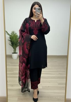 Black Embroidered Silk Kurta Set
