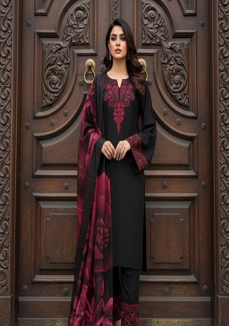 Black Embroidered Silk Kurta Set - Indya